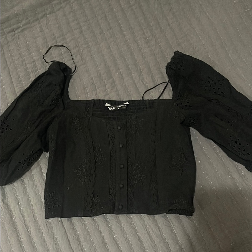 Zara Black Crop Blouse with Smocked Neckline and Balloon Sleeves